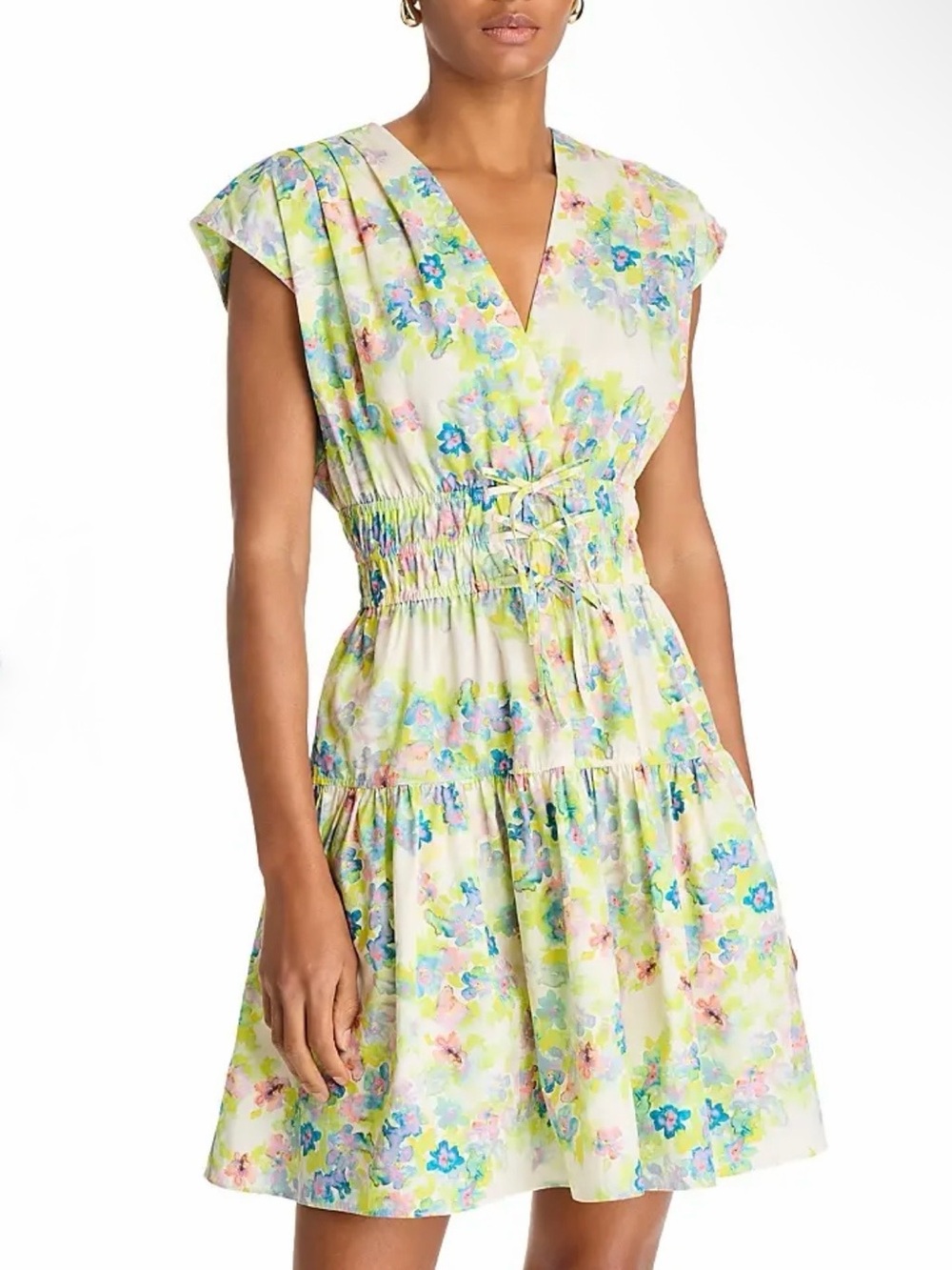 Derek Lam 10 Crosby Watercolor Tora V-Neck Smocked Mini Dress - Euphoribia Sz 4
